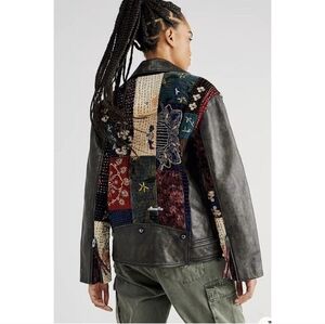 Free People Frankie Pieced Blanket Moto Jacket Leather Bohemian Size Medium